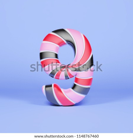 Colored number 9 3D realistic raster illustration. Caramel number with lollipop texture. Swirl effect. Pastries design element. Confectionery logo idea. Alphabet symbol with radial stripes pattern