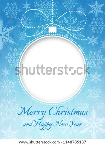 Christmas greeting card illustration: decoration ball and wishing text on snowflakes background