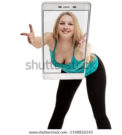 Cheerfully smiling woman doing exercise , isolated on white background. conceptual collage with device