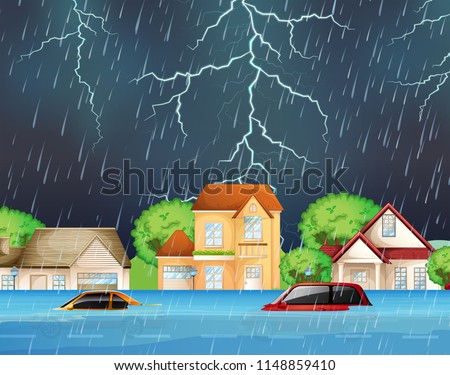 extreme flood in suburban streets illustration
