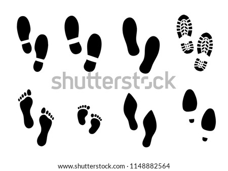Human bare walk footprints shoes and shoe sole Kids feet and foot steps Fun vector baby footsteps icon or sign for print Kid step for trail Walking footstep and footprint for trekking. Bootprints Royalty-Free Stock Photo #1148882564