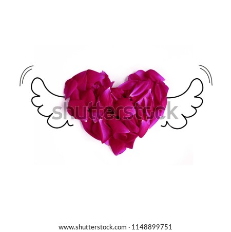 Beautiful heart of red rose petals with wings, isolated on white. Flat lay. Top view.


