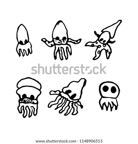 Hand Drawn octopus doodles set. Sketch style icons. Decoration element. Isolated on white background. Flat design. Vector illustration.