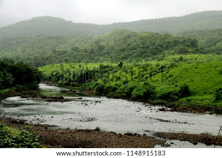 Kondana village side in Karjat, situated near Mumbai, in the Indian state of Maharashtra, Its steep Ulhas Valley is lush in the rainy season, with a full river and waterfalls. 



 Royalty-Free Stock Photo #1148915183