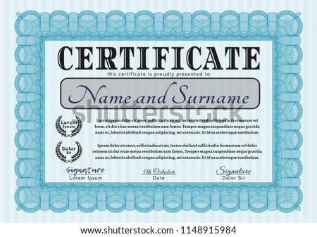 Light blue Certificate of achievement template. With guilloche pattern. Customizable, Easy to edit and change colors. Beauty design. 