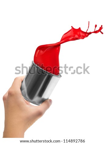 Red paint splashing out of can, isolated on white background