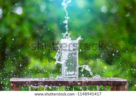 Drink water pouring in to glass over sunlight and natural green background.Water splash  in glass Select focus blurred background. Royalty-Free Stock Photo #1148945417