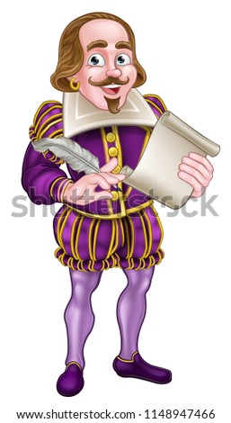 William Shakespeare cartoon character holding a feather quill pen and scroll