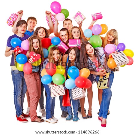 Group people with balloon on party. Isolated.