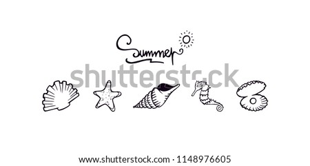 Seashells and sea animals clean black outline illustration. Summer letters text. Seashells simple outline silhouette illustration. Seashell, starfish, seahorse, and shell with a pearl set collection.