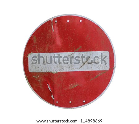 Old red stop road sign isolated on white background.