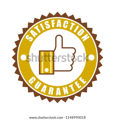 Satisfaction guarantee word and thumbs up or like symbol on circle jagged edge badge vector. Minimalist style, simple design, white, brown and gold color.