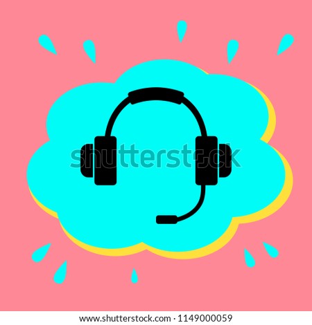 Headphones with microphone. Black icon in bubble on pink background. Vector