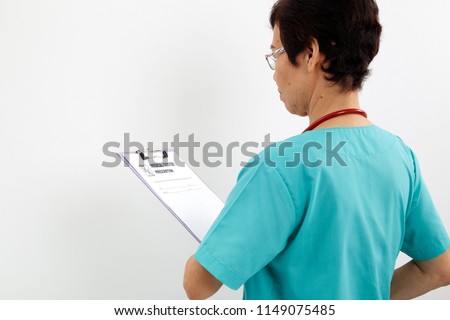 Backside Medical professional with holding clipboard and stethoscope on white background