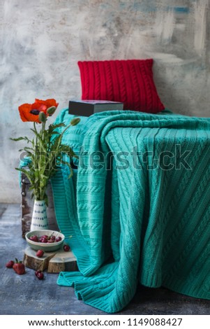 red poppies and mint green knitted blanket