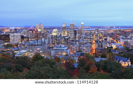 Montreal skyline at dusk, aerial view