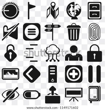 Set Of 25 icons such as Notebook, Television, Upload, Battery, Hide, Fingerprint, User, Server, Photos, Muted, Map, Flag, web UI transparent icon pack, pixel perfect