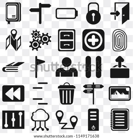 Set Of 25 icons such as Note, Server, Placeholders, Cloud computing, Controls, Fingerprint, Pause, Garbage, Rewind, Map, Battery, , web UI transparent icon pack, pixel perfect