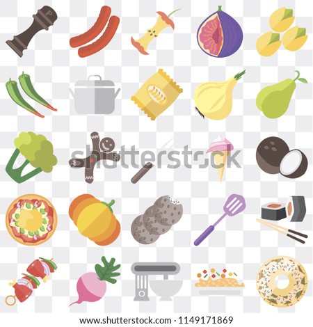 Set Of 25 icons such as Doughnut, Risotto, Mixer, Radish, Kebab, Pear, Ice cream, Cookies, Pizza, Pepper, Apple, Sausage, web UI transparent icon pack, pixel perfect