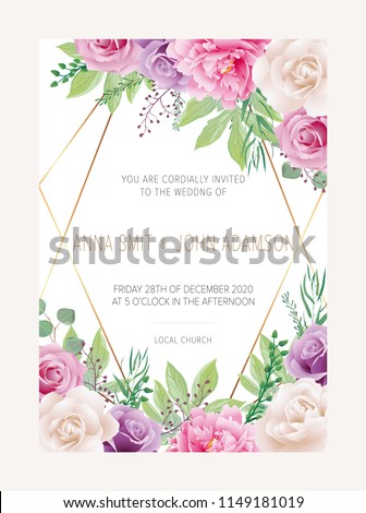 Wedding floral  invitation, save the date card design with white and purple garden roses flowers and white peony & elegant golden geometric decoration. Trendy wedding card. Vector, modern template