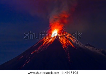 Long exposure, Tungurahua volcano with blue skyes Royalty-Free Stock Photo #114918106