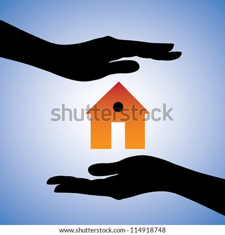 Concept illustration of protection of house/home. This can represent concept of home insurance or installing security system for safety etc. The graphic contains two female hands and a house symbol.