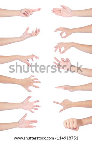 Collection of Beautiful woman hands holding an empty business card over white backgrounds.