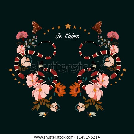 Trendy snake with flowers graphic design vector in wording Je t'aime means I LOVE YOU with  mirror technic of floral for fashion,t-shirt ,and all prints on dark green background