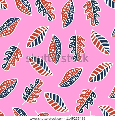 Leaves hand drawn multicolor with american flag colors on pink background