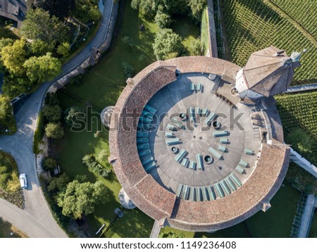 Aerial view of the Munot tower, which is a medieval fort and landmark of Swiss town Schaffhausen, Switzerland