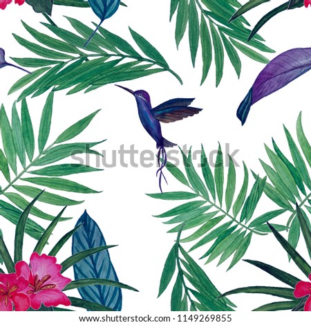 Seamless pattern with watercolor tropical illustration. Hummingbird, tropical leaves, flowers.