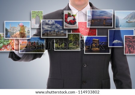 Man choosing one of 3d streaming images