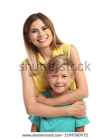 Portrait of mother and son on white background