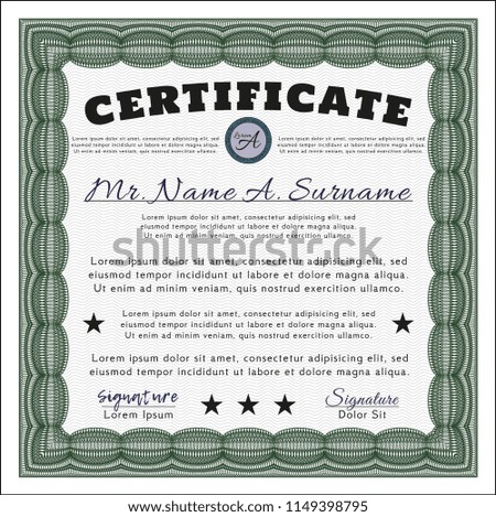 Green Certificate of achievement template. Money design. Detailed. With guilloche pattern and background. 