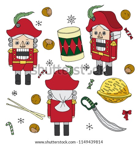 Nutcracker bright christmas vintage toys clip art stickers set vector