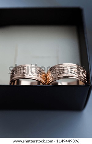 Wedding concept. Wedding rings close-up in a box. Copy space