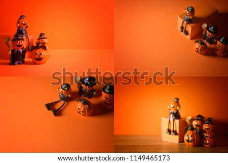 Halloween pumpkins jack-o-lantern on dark orange background. Happy Halloween concept.