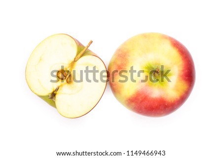 Group of one whole one half of fresh red apple james grieve variety flatlay isolated on white background