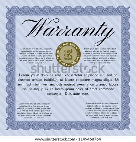 Blue Vintage Warranty Certificate template. Complex background. Customizable, Easy to edit and change colors. Money Pattern. 