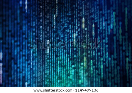 power of big data. binary code information bit on computer monitor screen display. Led light text number one and zero. blur defocus blue bokeh light. technology graphic design background concepts