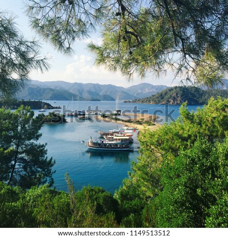 Yassıcalar is one of the many small islands located around a famous summer destination in Turkey called Gocek where tourists can take daily boat tours and visit as the last stop of the tour. Royalty-Free Stock Photo #1149513512
