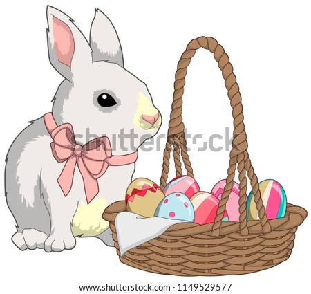 Vector colorful illustration of white bunny with pink bow and basket full of Easter egg with cloth