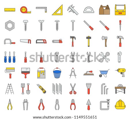 carpenter, handyman tool and equipment icon set, filled outline design