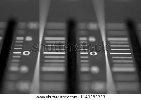 Audio Mixing Console Closeup Fader Marker. Black & White Monochrome Sound Mixer.
