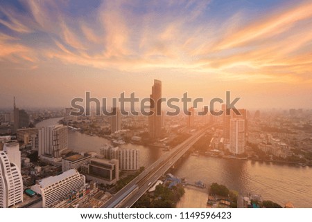 Beautiful after sunset sky Bangkok city skyline river front, Thailand