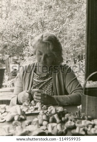 Vintage photo of young woman cleaning wild mushrooms (fifties)
