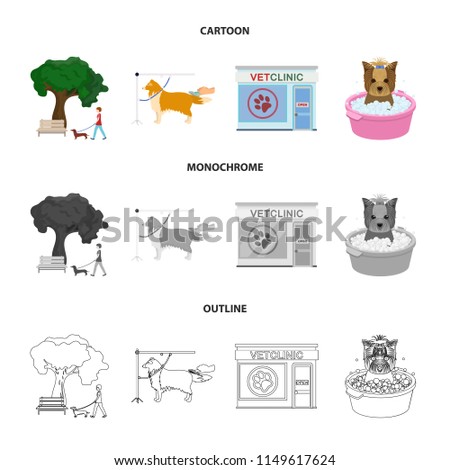 Walking with a dog in the park, combing a dog, a veterinarian office, bathing a pet. Vet clinic and pet care set collection icons in cartoon,outline,monochrome style vector symbol stock illustration