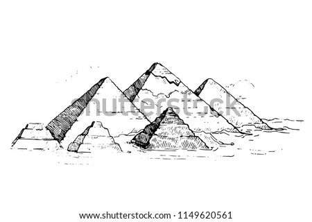 Egypt. Cairo - Giza. General view of pyramids from the Giza Plateau (three pyramids known as Queens' Pyramids on front side; next in order from left: the Pyramid of Menkaure, Khafre and Chufu.Sketch Royalty-Free Stock Photo #1149620561