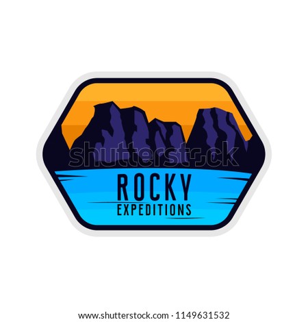 Rocky expeditions. Travel sticker for apparel, clothing, banners. Mountain shapes and water in modern colored style.