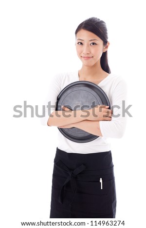 a young asian waitress with tray on white background